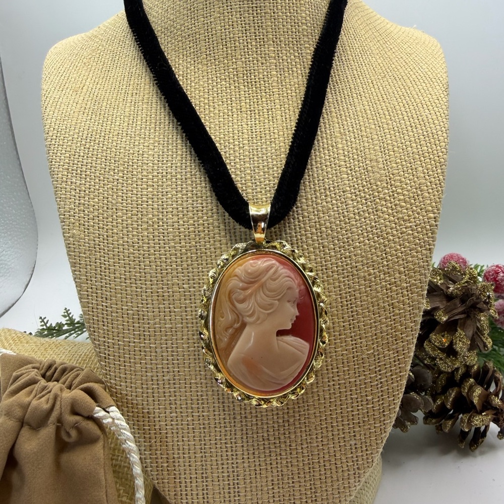 Elegant Cameo Pendant Necklace in Gold and Pink - Picture 5 of 9